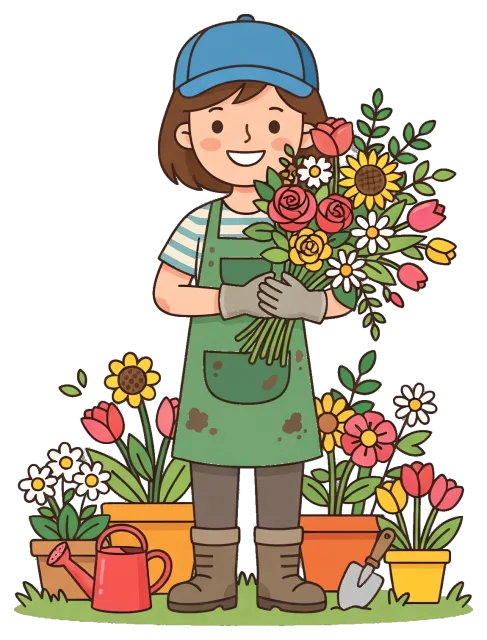 Gardener holding a bouquet of colorful flowers
