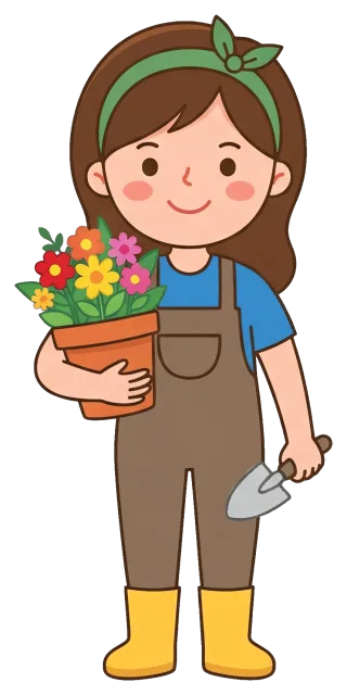 Gardener holding a pot of colorful flowers and a trowel