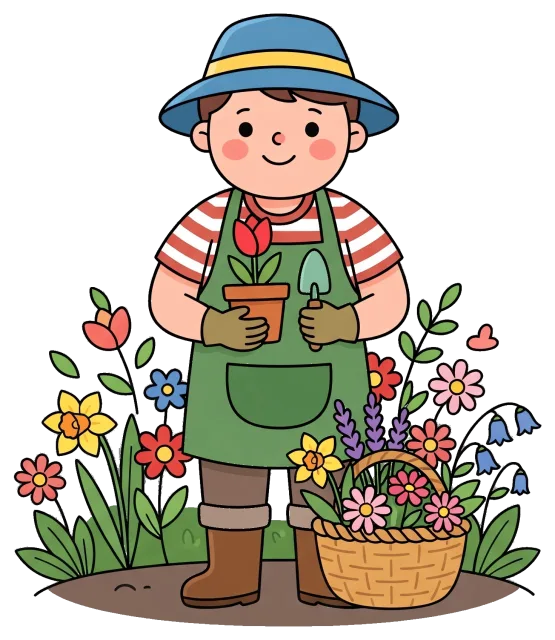 Gardener holding flowers with gardening tools and basket