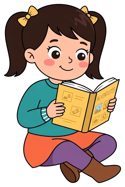 Girl Reading an Adventures Book with Pigtails