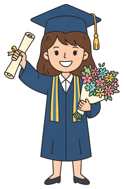 Graduate student holding diploma and bouquet
