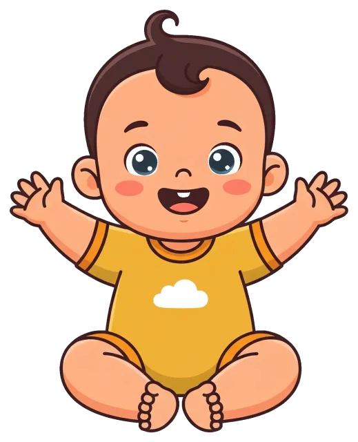 Happy baby cartoon sitting with arms raised on grey background