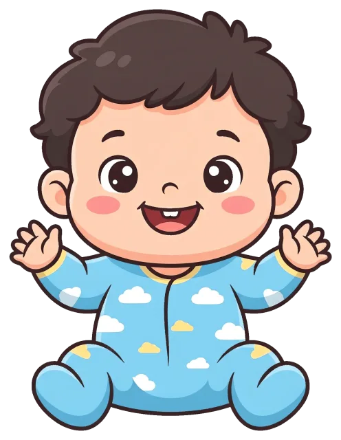 Happy baby in blue cloud-patterned pajamas