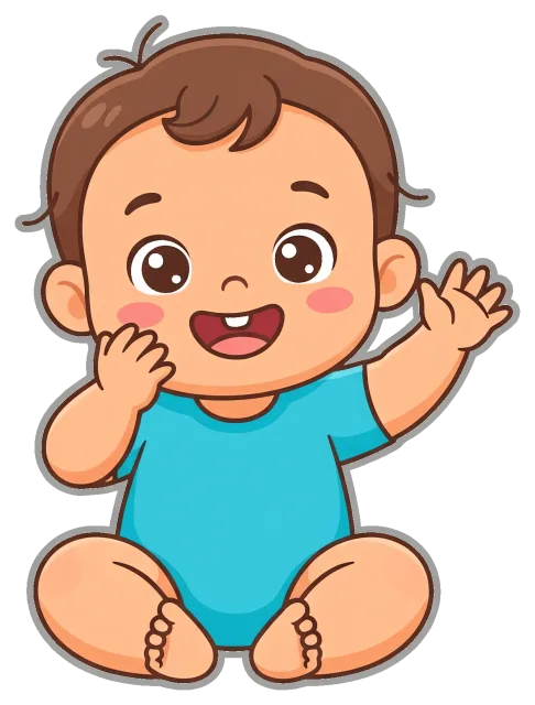Happy baby sitting and waving in blue outfit
