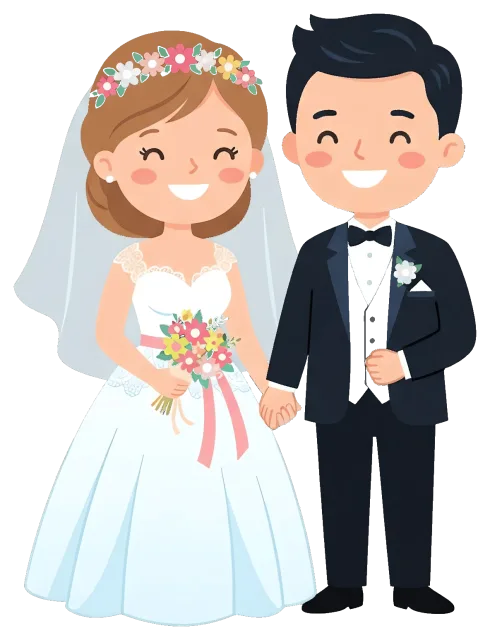Happy bride and groom holding hands on wedding day