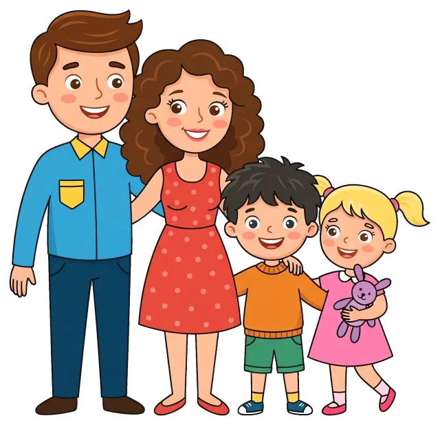 Happy cartoon family with parents and two children