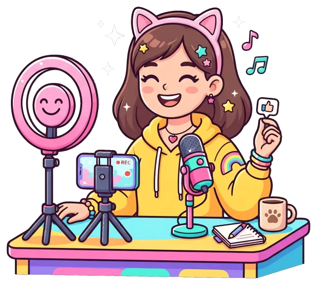 Happy content creator streaming with microphone and ring light