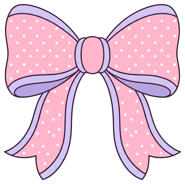 Pastel pink coquette bow with white polka dots and purple trim