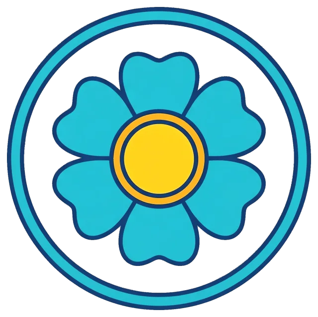 Retro blue flower badge with yellow center and double circle border