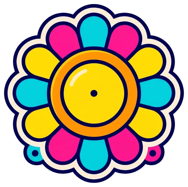 Retro colorful flower badge with pink, blue, and yellow petals
