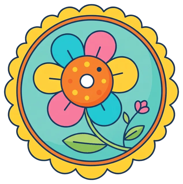 Retro flower badge design with colorful petals