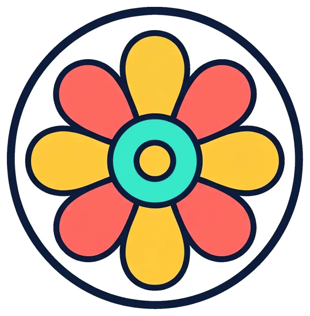 Retro flower badge with alternating yellow and coral petals