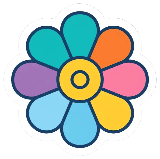 Retro flower badge with colorful petals