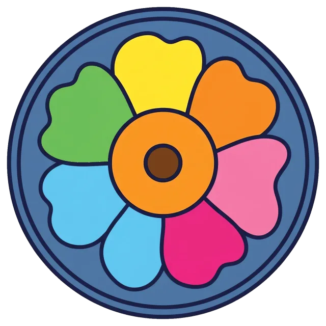 Retro flower badge with colorful petals on blue background