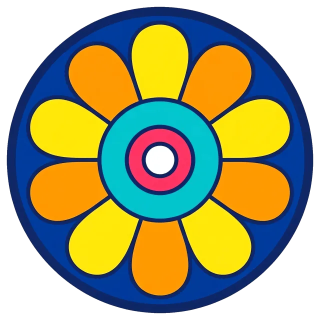 Retro flower badge with yellow and orange petals on blue background