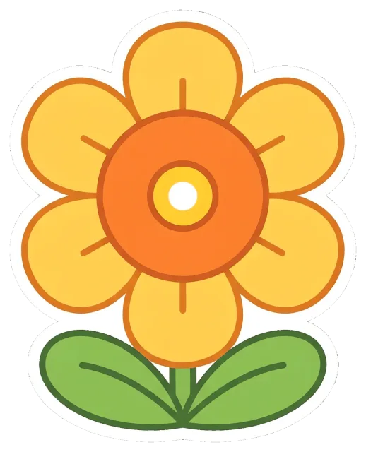Retro style orange flower badge with green leaves