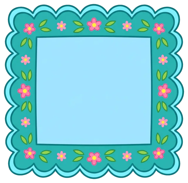 Scalloped frame with pink flowers and green leaves