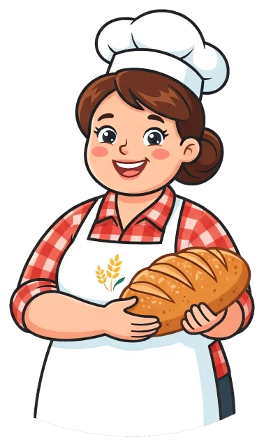 Smiling baker holding freshly baked bread loaf