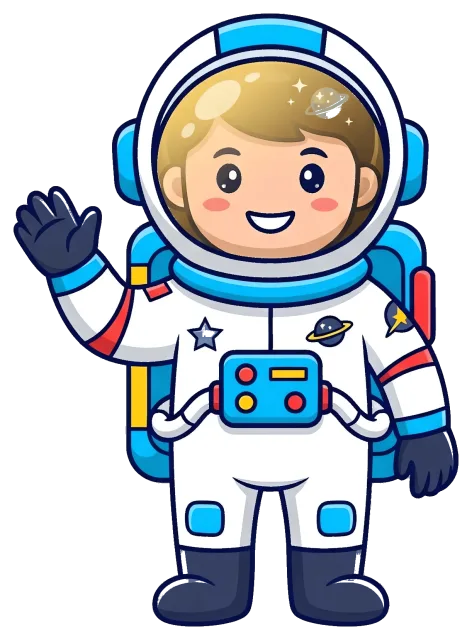 Smiling cartoon astronaut waving on grey background