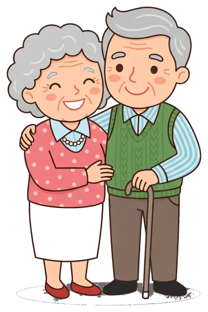 Smiling elderly grandparents standing together with cane