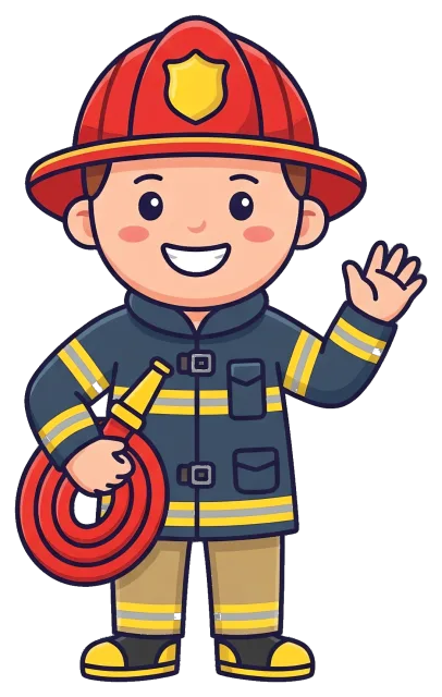 Smiling firefighter waving and holding fire hose