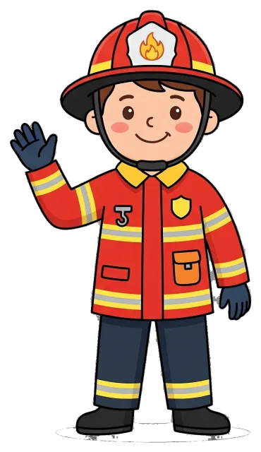 Smiling firefighter waving in red uniform and helmet