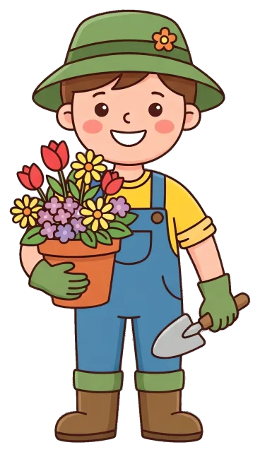 Smiling gardener holding a flower pot and trowel