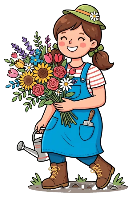 Smiling gardener holding colorful flowers and watering can