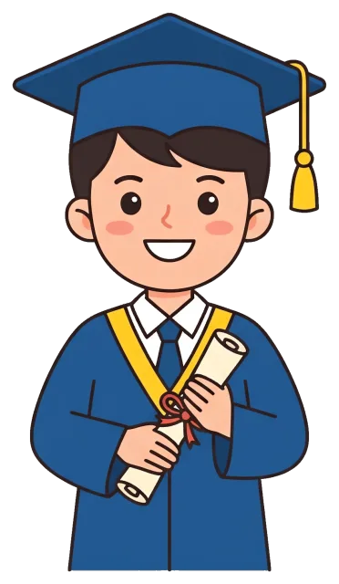 Smiling graduate student in blue cap and gown holding diploma