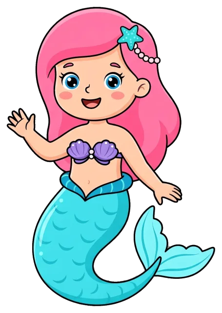 Cute cartoon mermaid with pink hair and blue tail