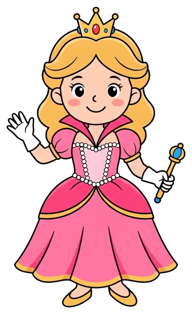Princess cartoon in pink dress with crown and scepter