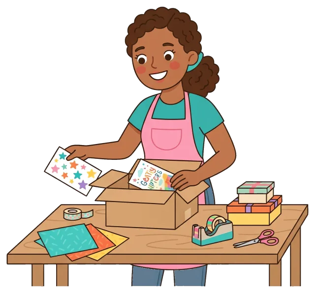 Small business owner packing orders with colorful stickers