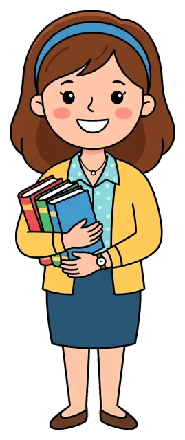 Smiling teacher holding books with blue headband