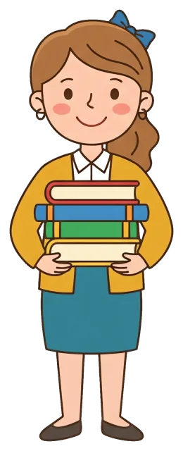 Teacher holding a stack of books with a smile