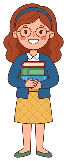Teacher holding books smiling with glasses and headband