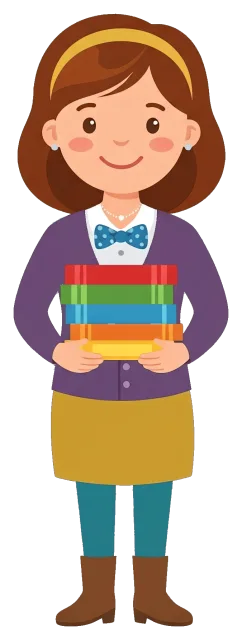 Teacher Holding Stack of Books with Purple Cardigan