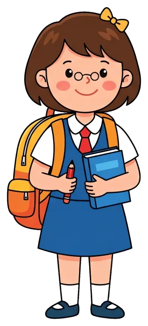 Young schoolgirl with backpack holding book and pencil