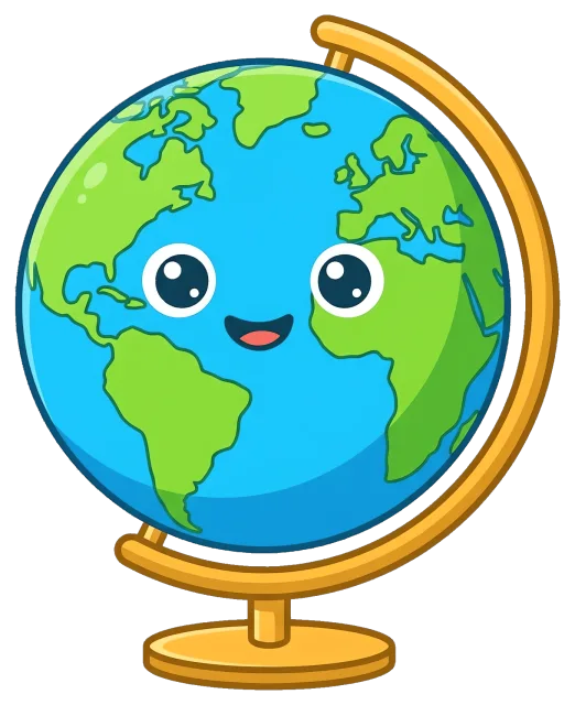 Cartoon globe with smiling face centered on grey background