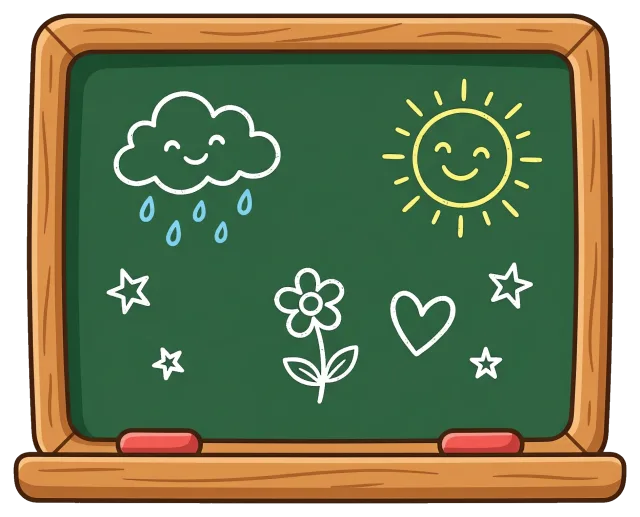Chalkboard Cartoon Illustration with Sun, Cloud, Flower, and Stars