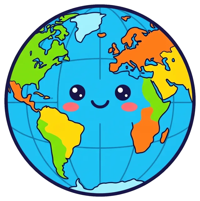 Cute cartoon globe with smiling face centered on Atlantic Ocean
