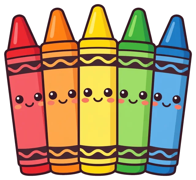 Cute cartoon style colorful crayons with smiling faces