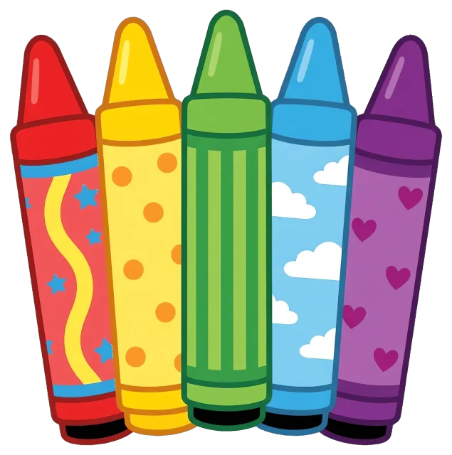 Cute colorful crayons with decorative patterns