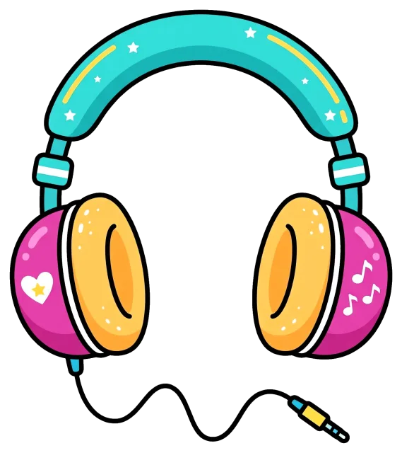 Cute colorful headphones with musical notes and stars
