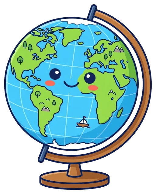 Cute globe cartoon with smiling face and simple map