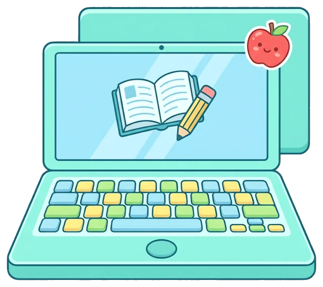 Cute laptop for students with book and pencil icon