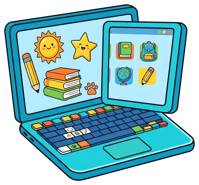 Cute laptop for students with educational icons