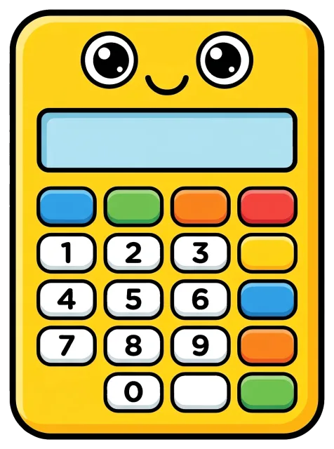 Cute yellow calculator with smiling face and colorful buttons