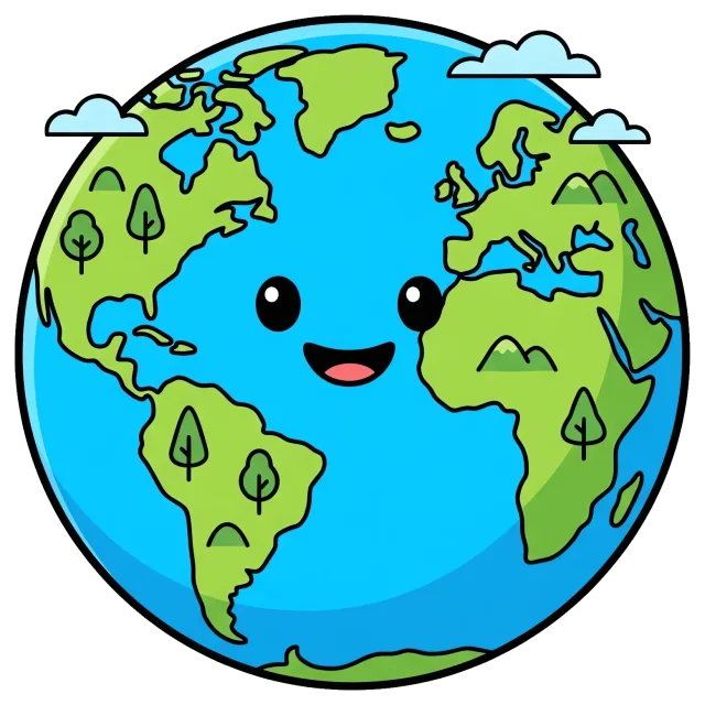 Happy cartoon globe with smiling face and clouds