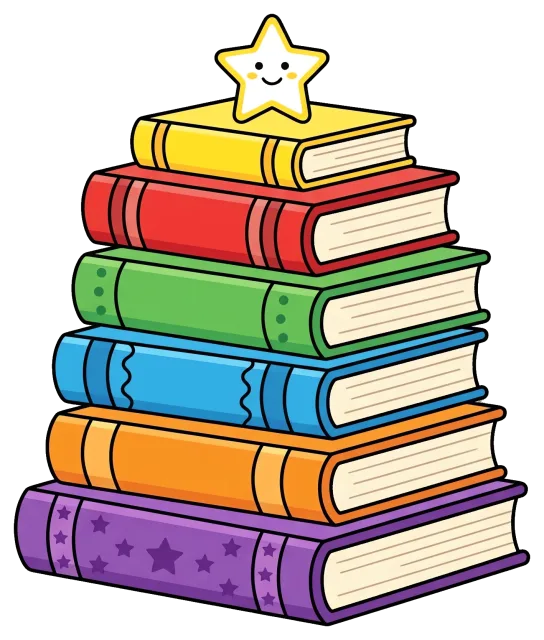 Stack of colorful books with a smiling star on top