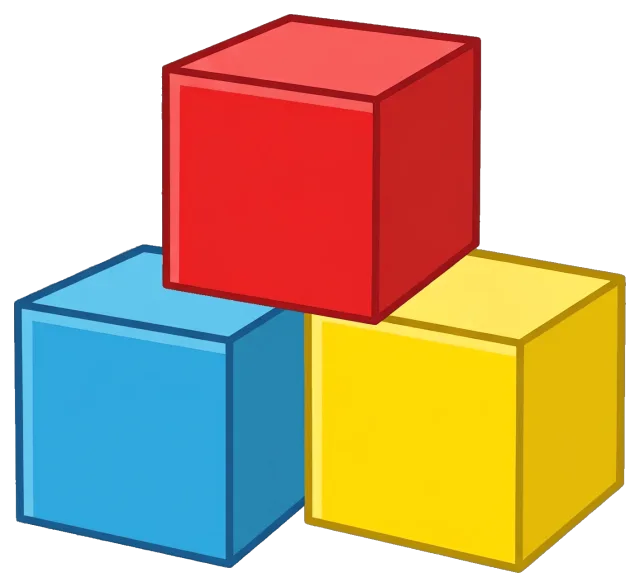 Three colorful building blocks in red, blue, and yellow